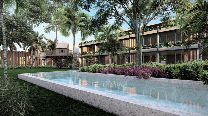 Piscina linear cercada por vegetação no projeto do condomínio