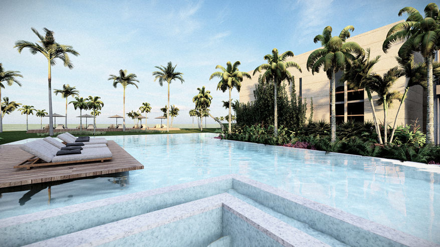 Piscina com coqueiros no projeto do condomínio