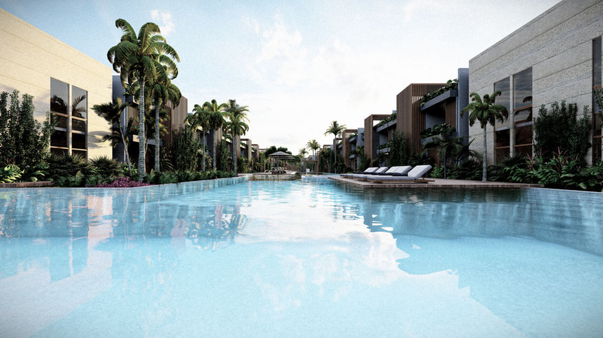 Piscina vista próxima à linha d'água no projeto do condomínio