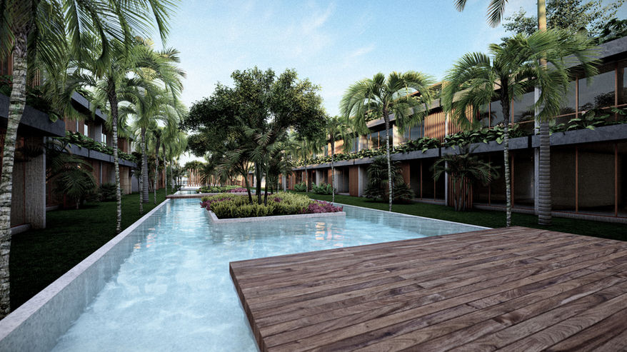 Piscina ampla com jardins no projeto do condomínio
