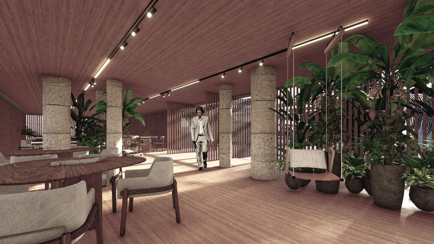 Ambiente coberto com plantas no projeto do condomínio