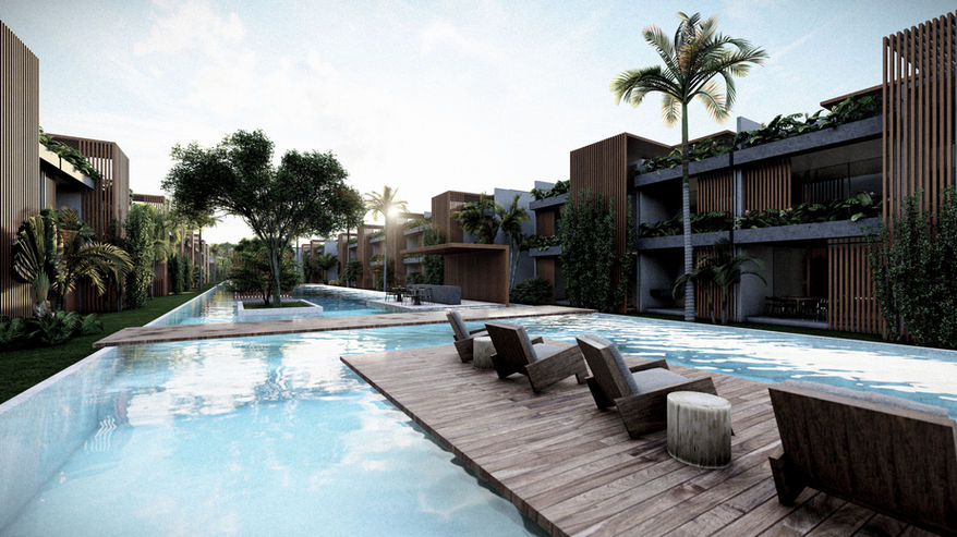 Piscina entre edifícios e jardins no projeto do condomínio